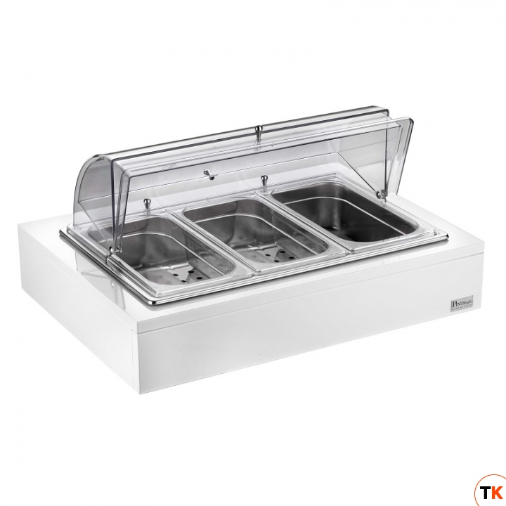 Мармит настольный (чефиндиш) GN1/1 с крышкой Roll Top c 3мя GN1/3 п/к на дерев.подставке, цвет белый - Pintinox - 362069