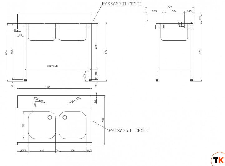 СТОЛ Д/ГРЯЗ.ПОСУДЫ DIHR T55 1100 DX СПЕЦ. 2 ВАННЫ - Dihr - 388940