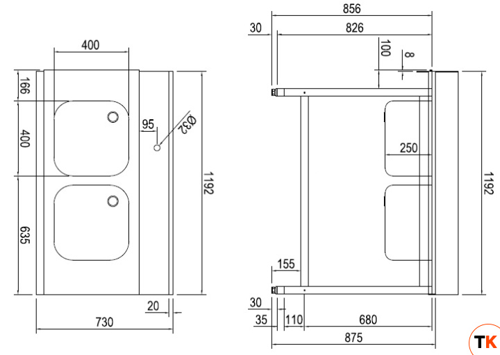СТОЛ Д/ГРЯЗ.ПОСУДЫ DIHR T55 1200 DX СПЕЦ. 2 ВАННЫ - Dihr - 437577