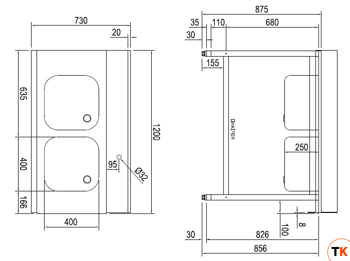 СТОЛ Д/ГРЯЗ.ПОСУДЫ DIHR T55 1200 SX СПЕЦ. 2 ВАННЫ - Dihr - 437578